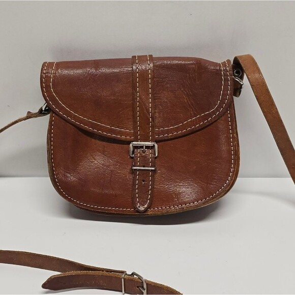 Vintage Mini Leather Saddle Bag in Cognac Brown Boho Hippie Shoulder Purse - Picture 1 of 8